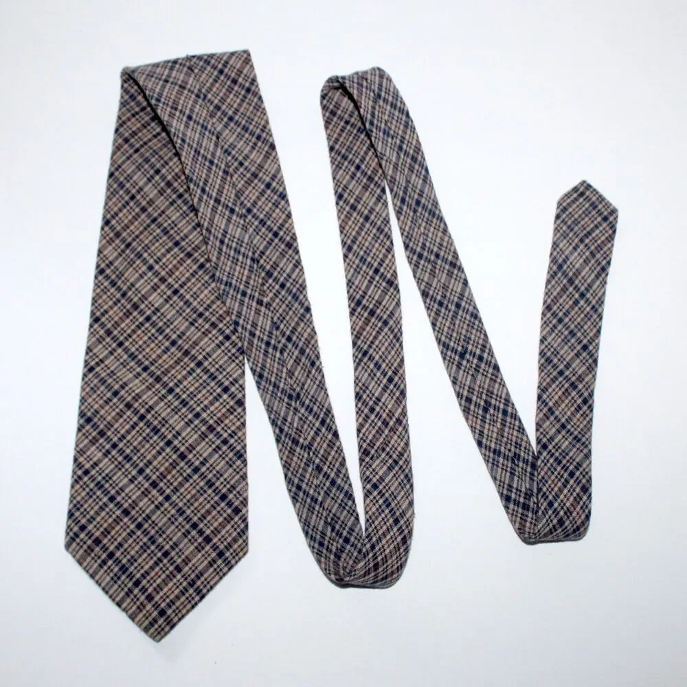 Beans McGee Necktie plaid blue tan vintage USA traditional cotton linen